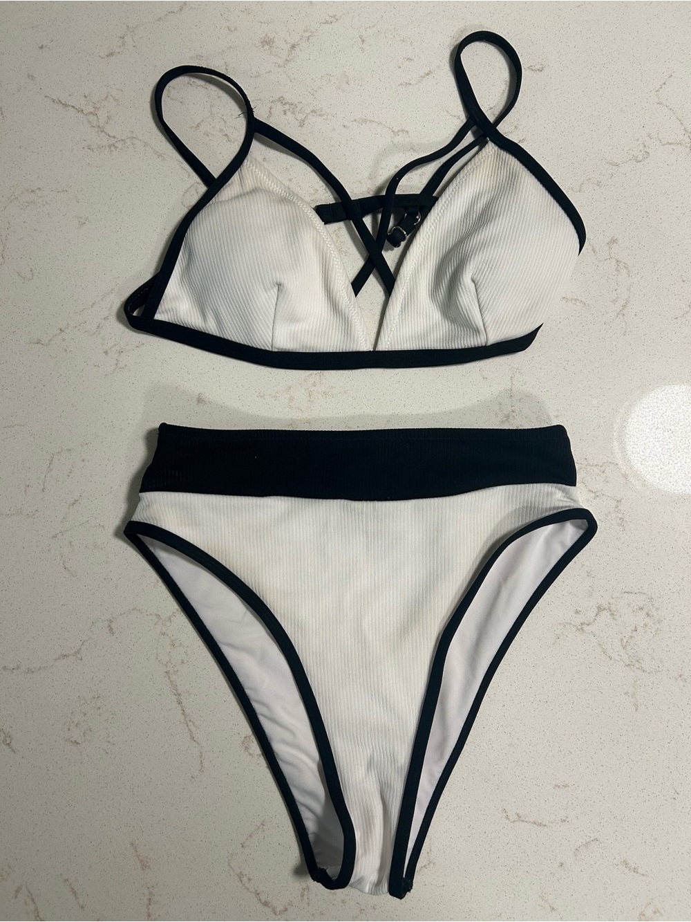 Cupshe White Ribbed Bikini with Black Contrast Trim